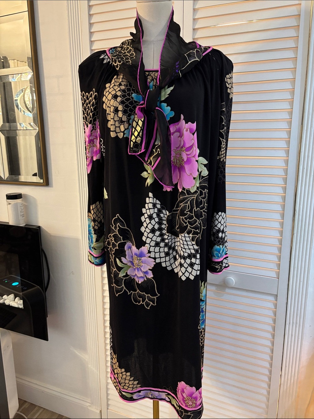 Leonard ParisBlack Floral Tie-Neck Long Sleeve Midi Dress - Pink & Purple Blooms